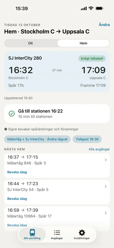 Signe idag: SJ InterCity 280 från Stockholm C 16:32, framme i Uppsala C 17:09, och ”Gå till stationen 16:22”.