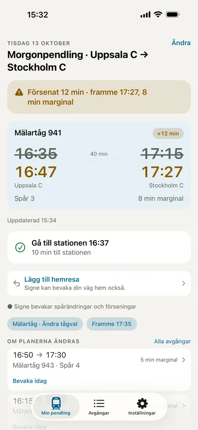 Ett försenat tåg i Signe: ”Försenat 12 min”, framme 17:27, 8 minuters marginal.