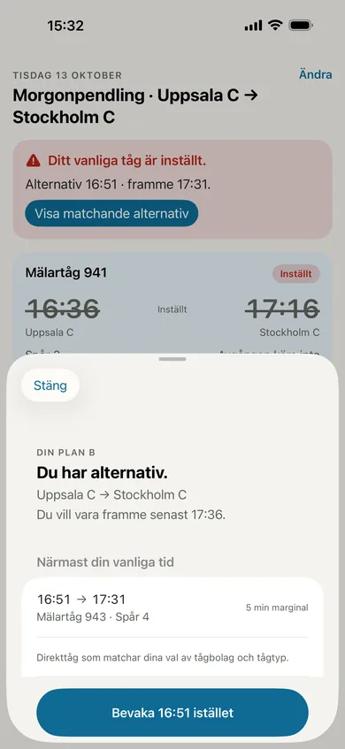 Plan B i Signe: ”Du har alternativ.” och knappen ”Bevaka 16:51 istället”.